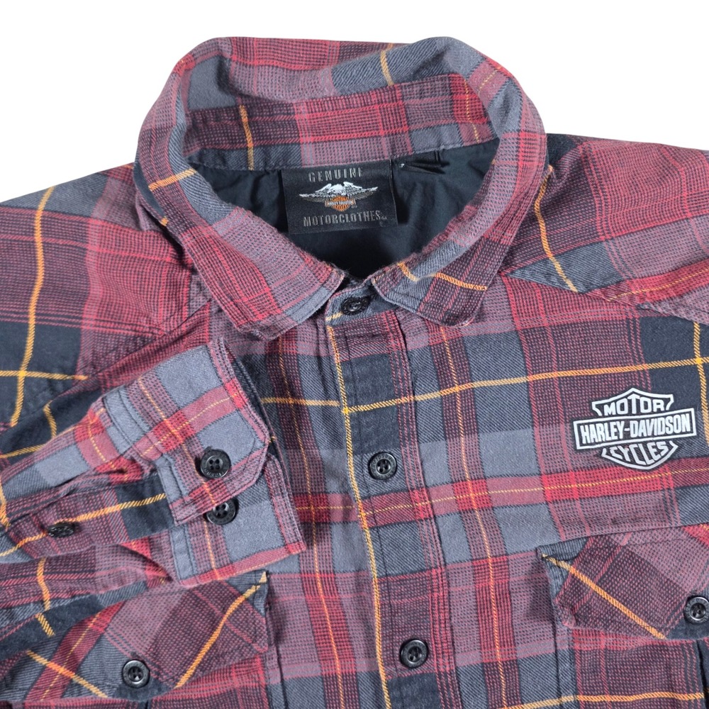 Harley-Davidson Men L Red Black Gray Plaid Flannel Shirt Pocket Logo Embroidered